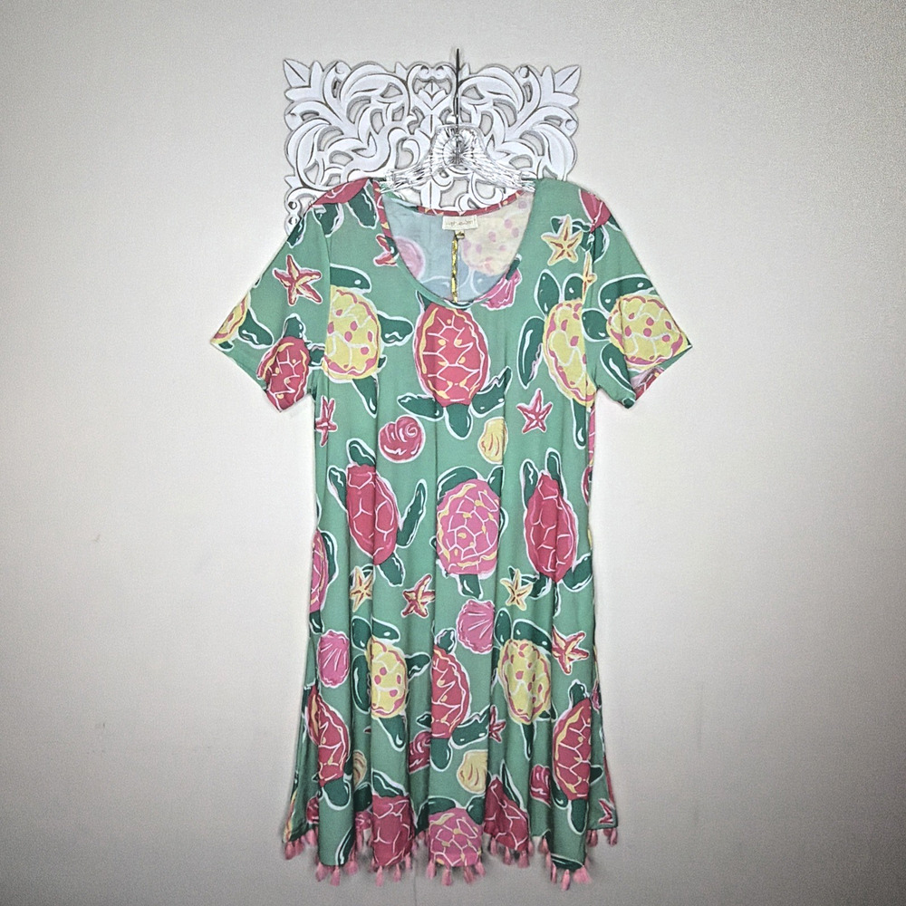 SIMPLY SOUTHERN size M Shift Dress Cover-up Sea Turtles Short Sleeve GREEN PINK